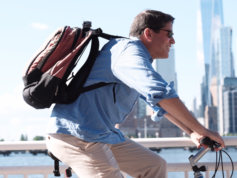 The creator of Ventapak, Mark Dingle using his Backpack spacer mesh whilst riding into New York
