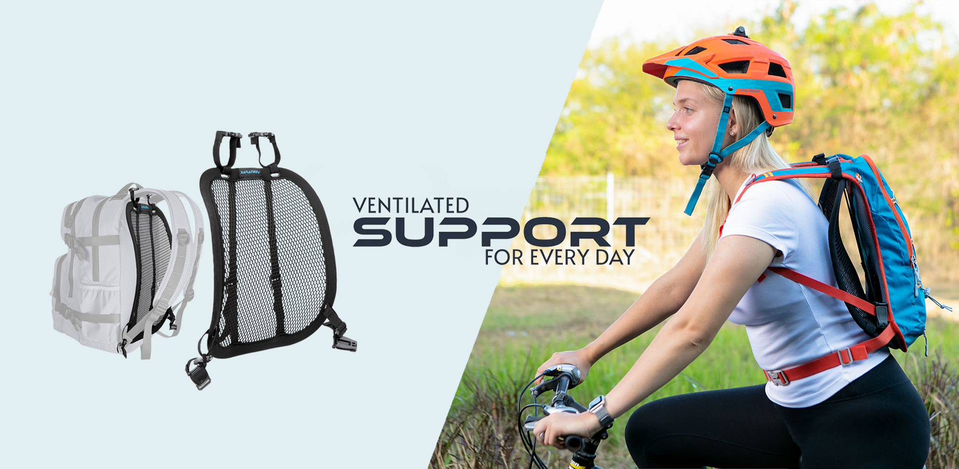 Ventapak banner image showing someone using the backpack spacer mesh whilst riding their bike