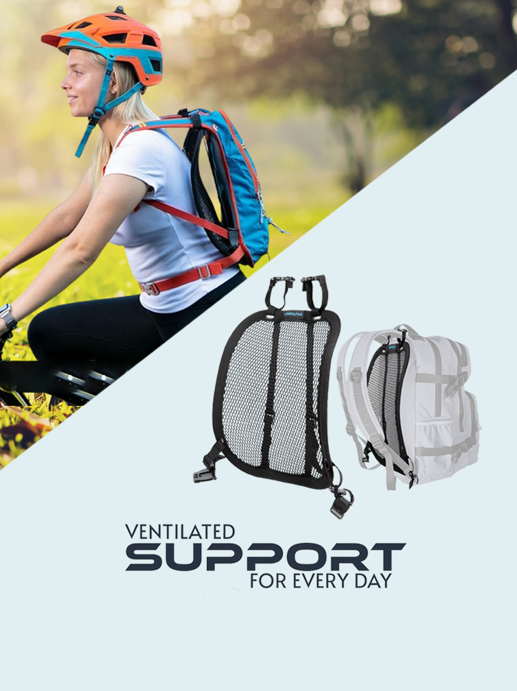 Ventpak mobile banner image showing someone using the backpack spacer mesh whilst riding their bike