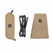 Low back ultralight folding camping chair components in khaki color, including storage pouch.
