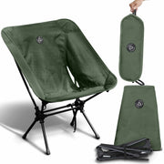 Low back ultralight folding camping chair with storage pouch in khaki, featuring durable aluminum and 600D Oxford fabric, portable and ergonomic design for outdoor adventures.